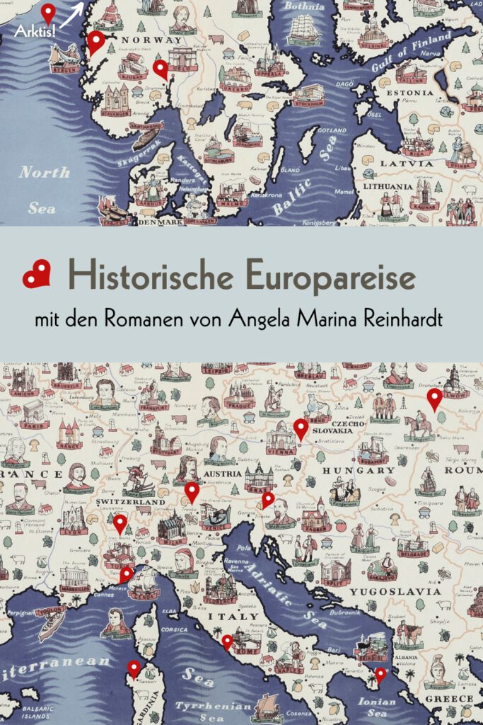 Übersichtskarte der Handlungsorte aller historischen Romane und Erzählungen von Angela Marina Reinhardt (Autorennamen auch: Angela Lund, Grit Landau)