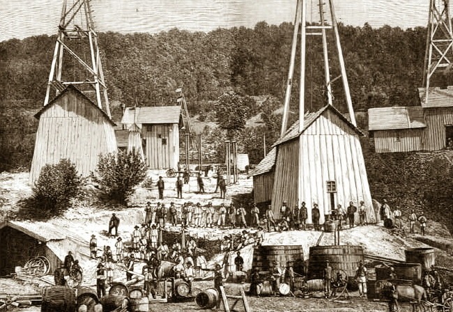 Lep-Träger und andere Minenarbeiter auf den Ölfeldern in Galizien um 1900, bild: public domain