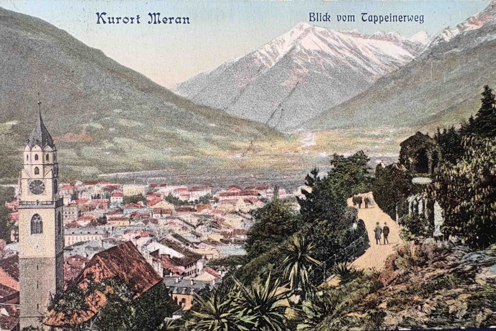 Historische Postkarte: Meran Panorama mit Herren